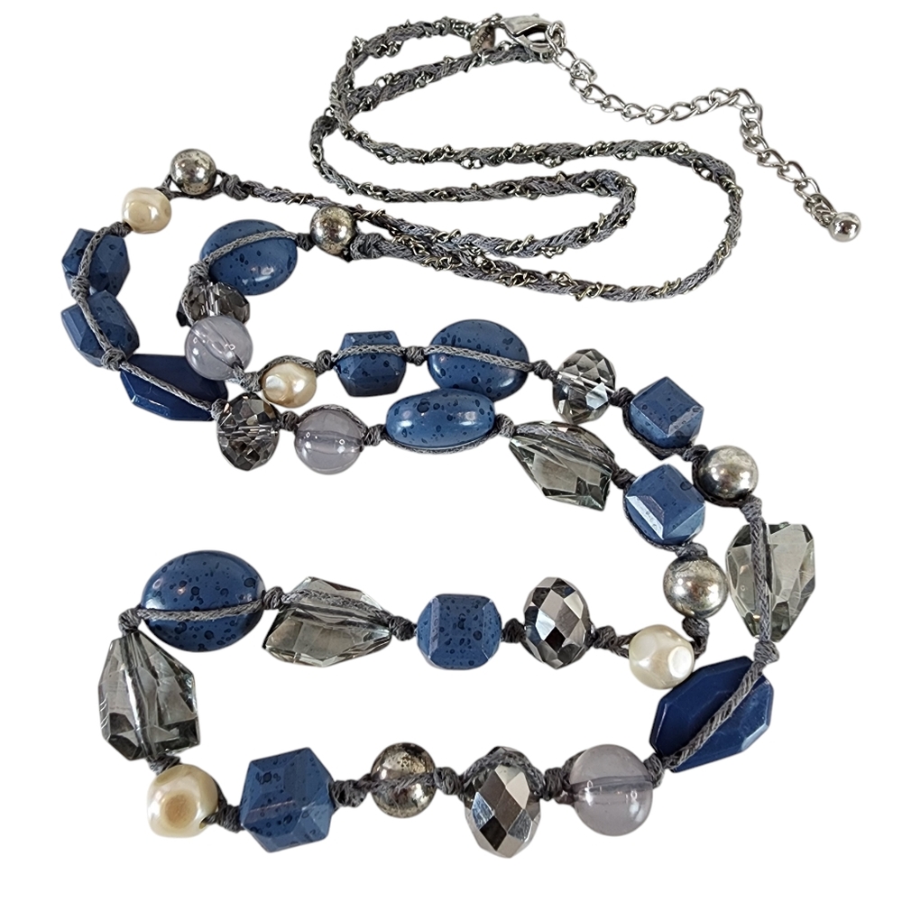 Chico's long necklace blue art beads woven cord